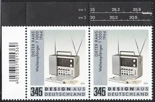 BUND 2018 Michel-Nummer 3400 postfrisch horiz.PAAR ECKRAND oben links
