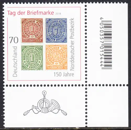 BUND 2018 Michel-Nummer 3412 postfrisch EINZELMARKE ECKRAND unten rechts