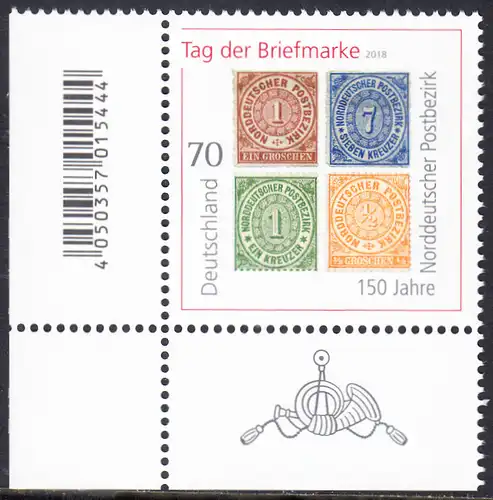 BUND 2018 Michel-Nummer 3412 postfrisch EINZELMARKE ECKRAND unten links