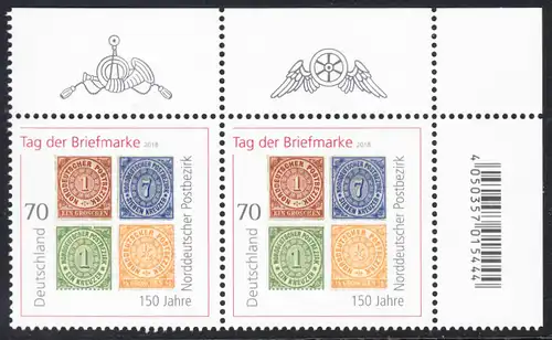 BUND 2018 Michel-Nummer 3412 postfrisch horiz.PAAR ECKRAND oben rechts