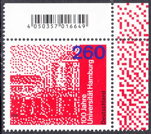 BUND 2019 Michel-Nummer 3449 postfrisch EINZELMARKE ECKRAND oben rechts