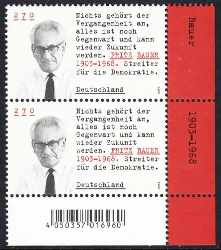 BUND 2019 Michel-Nummer 3502 postfrisch vert.PAAR ECKRAND unten rechts