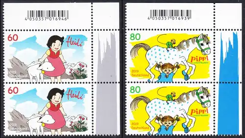 BUND 2019 Michel-Nummer 3506-3507 postfrisch SATZ(2) vert.PAARE ECKRÄNDER oben rechts