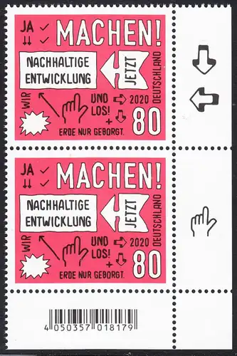 BUND 2020 Michel-Nummer 3525 postfrisch vert.PAAR ECKRAND unten rechts