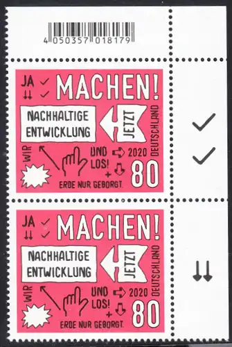 BUND 2020 Michel-Nummer 3525 postfrisch vert.PAAR ECKRAND oben rechts
