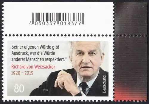 BUND 2020 Michel-Nummer 3539 postfrisch EINZELMARKE ECKRAND oben rechts