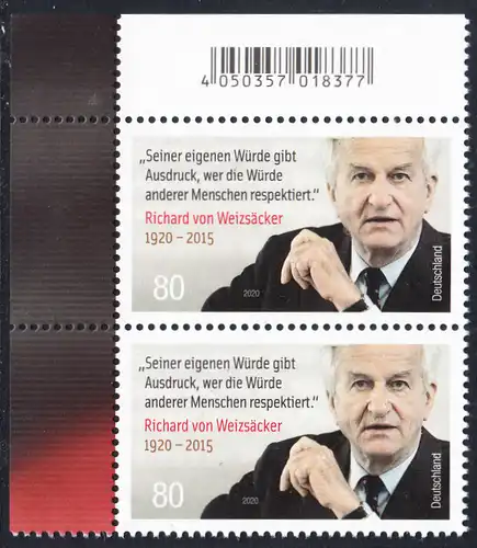 BUND 2020 Michel-Nummer 3539 postfrisch vert.PAAR ECKRAND oben links