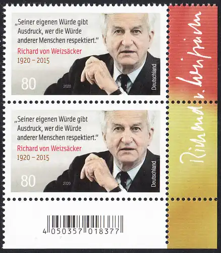 BUND 2020 Michel-Nummer 3539 postfrisch vert.PAAR ECKRAND unten rechts