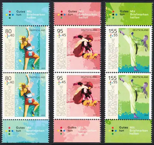 BUND 2020 Michel-Nummer 3542-3544 postfrisch SATZ(3) vert.PAARE RÄNDER oben/unten
