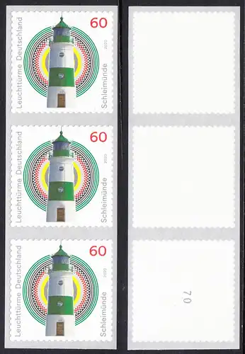 BUND 2020 Michel-Nummer 3555 postfrisch vert.STRIP(3) (coils / selbstklebend) m/ rückseitiger Nummer (70)