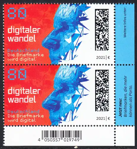 BUND 2021 Michel-Nummer 3590 postfrisch vert.PAAR ECKRAND unten rechts