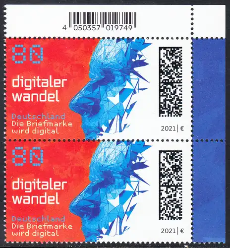 BUND 2021 Michel-Nummer 3590 postfrisch vert.PAAR ECKRAND oben rechts