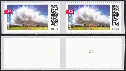 BUND 2021 Michel-Nummer 3617 postfrisch horiz.PAAR  m/ rücks. Nummer -25- (Rollenmarken / selbstklebend)