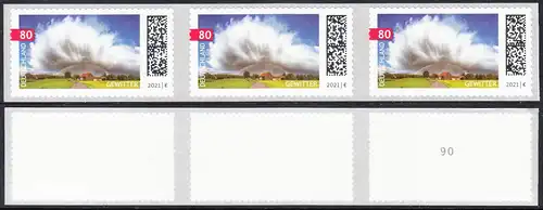 BUND 2021 Michel-Nummer 3617 postfrisch horiz.STRIP(3) m/ rücks. Nummer -90- (Rollenmarken / selbstklebend)