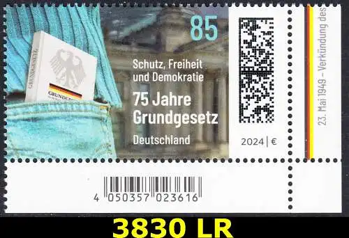 BUND 2024 Michel-# 3830 postfrisch EINZELMARKE ECKRAND unten rechts