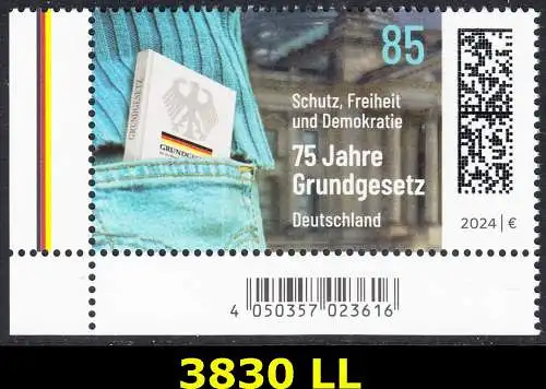 BUND 2024 Michel-# 3830 postfrisch EINZELMARKE ECKRAND unten links