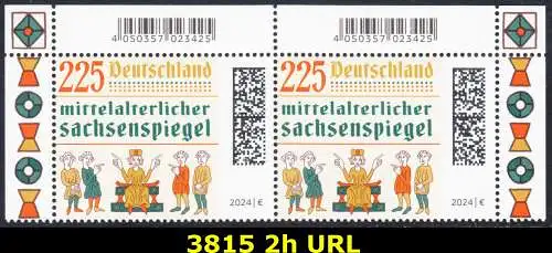 BUND 2024 Michel-# 3815 postfrisch horiz.PAAR ECKRÄNDER oben rechts/links 