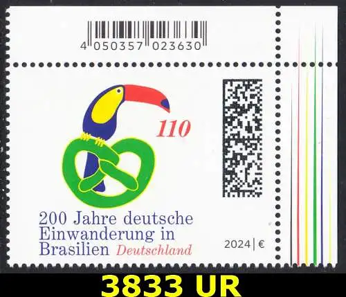 BUND 2024 Michel-# 3833 postfrisch EINZELMARKE ECKRAND oben rechts