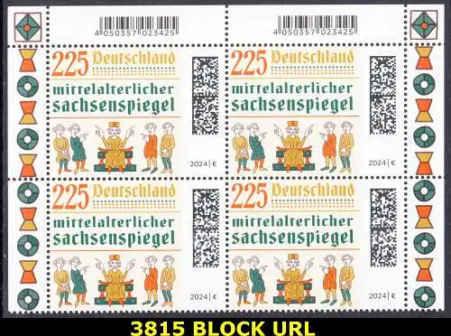 BUND 2024 Michel-# 3815 postfrisch BLOCK ECKRÄNDER oben rechts/links 