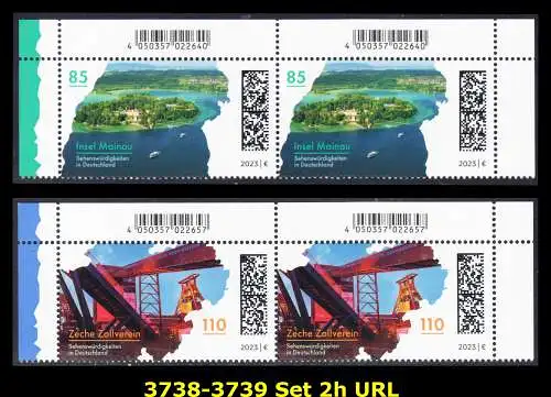 BUND 2023 Michel-# 3738-3739 postfrisch SATZ(2) horiz.PAARE ECKRÄNDER oben rechts/links