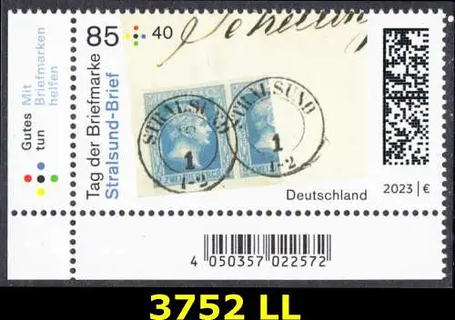 BUND 2023 Michel-# 3752 postfrisch EINZELMARKE ECKRAND unten links