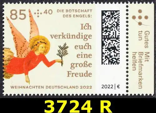 BUND 2022 Michel-# 3724 postfrisch EINZELMARKE RAND rechts