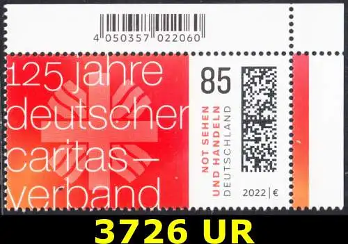 BUND 2022 Michel-# 3726 postfrisch EINZELMARKE ECKRAND oben rechts