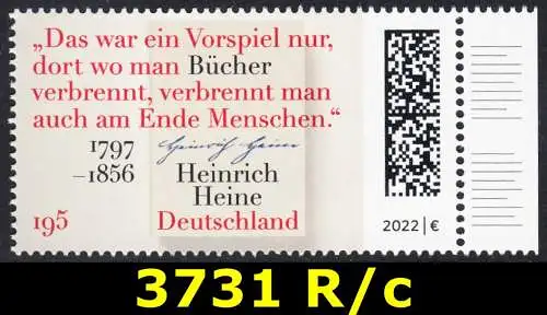 BUND 2022 Michel-# 3731 postfrisch EINZELMARKE RAND rechts (c)