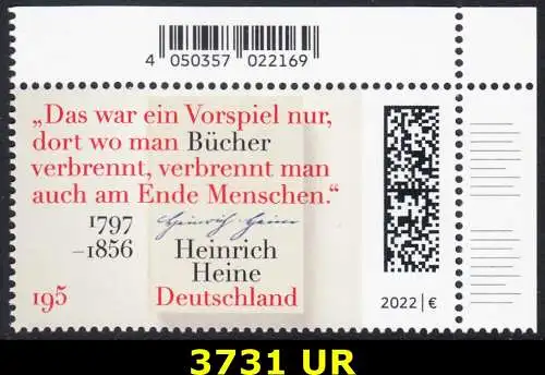 BUND 2022 Michel-# 3731 postfrisch EINZELMARKE ECKRAND oben rechts 