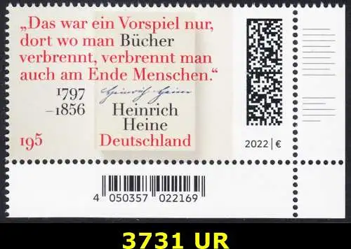 BUND 2022 Michel-# 3731 postfrisch EINZELMARKE ECKRAND unten rechts 