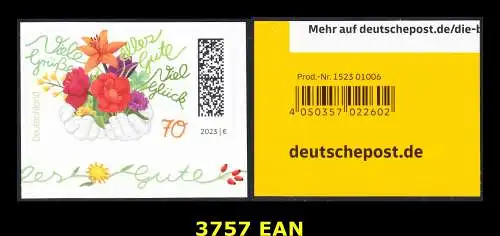 BUND 2023 Michel-# 3757 postfrisch EINZELMARKE (EAN) aus Folioset (selbstklebend)