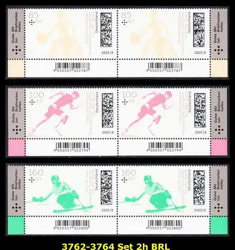 BUND 2023 Michel-# 3762-3764 postfrisch SATZ(3) horiz.PAARE ECKRÄNDER unten rechts/links