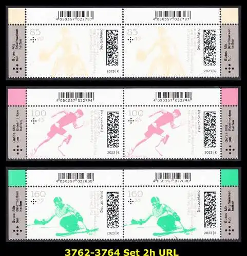 BUND 2023 Michel-# 3762-3764 postfrisch SATZ(3) horiz.PAARE ECKRÄNDER oben rechts/links