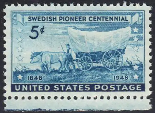 USA Michel 0570 / Scott 0958 postfrisch EINZELMARKE RAND unten - 100. Jahrestag der Besiedelung des Mittelwestens durch die schwedischen Siedler: Schwedischer Pionier mit Planwagen