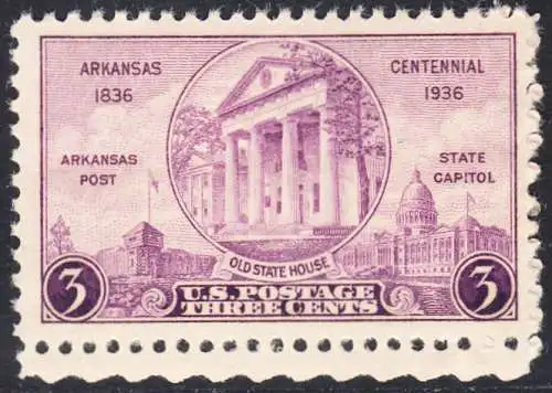 USA Michel 0387 / Scott 0782 postfrisch EINZELMARKE RAND unten (a2) - 100 Jahre Staat Arkansas: „Arkansas Post“, altes und neues Regierungsgebäude in Little Rock, AK