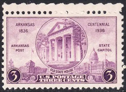 USA Michel 0387 / Scott 0782 postfrisch EINZELMARKE RAND oben (a1) - 100 Jahre Staat Arkansas: „Arkansas Post“, altes und neues Regierungsgebäude in Little Rock, AK
