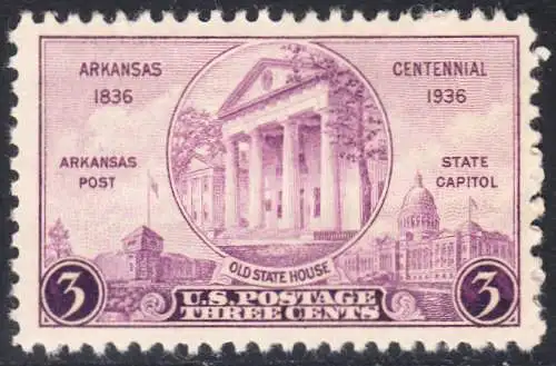 USA Michel 0387 / Scott 0782 postfrisch EINZELMARKE (a1) - 100 Jahre Staat Arkansas: „Arkansas Post“, altes und neues Regierungsgebäude in Little Rock, AK