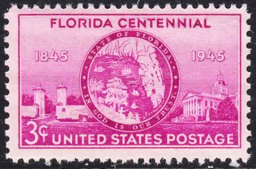 USA Michel 0532 / Scott 0927 postfrisch EINZELMARKE (a2) - 100 Jahre Staat Florida: Tor von St. Augustine, Staatssiegel, Regierungsgebäude in Tallahassee, FL