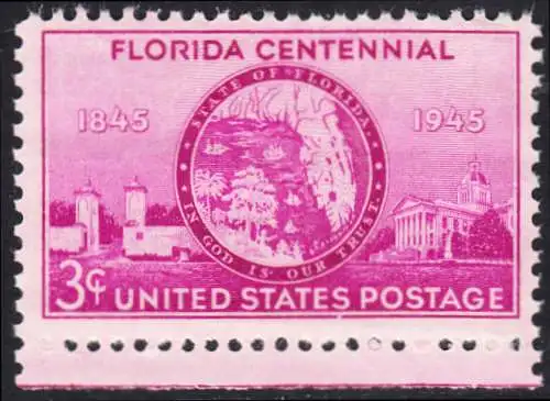 USA Michel 0532 / Scott 0927 postfrisch EINZELMARKE RAND unten (a1) - 100 Jahre Staat Florida: Tor von St. Augustine, Staatssiegel, Regierungsgebäude in Tallahassee, FL