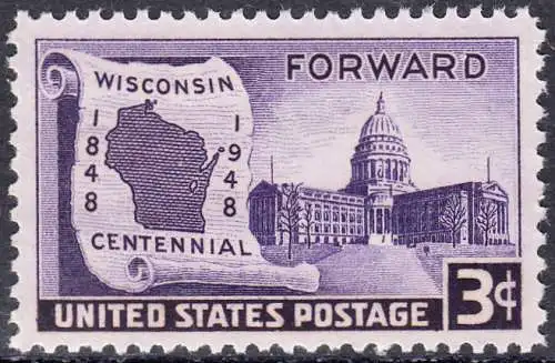 USA Michel 0569 / Scott 0957 postfrisch EINZELMARKE (a2) - 100 Jahre Staat Wisconsin: Landkarte von Wisconsin, Regierungsgebäude in Madison