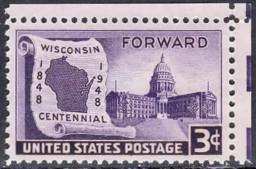 USA Michel 0569 / Scott 0957 postfrisch EINZELMARKE ECKRAND oben rechts (a2) - 100 Jahre Staat Wisconsin: Landkarte von Wisconsin, Regierungsgebäude in Madison