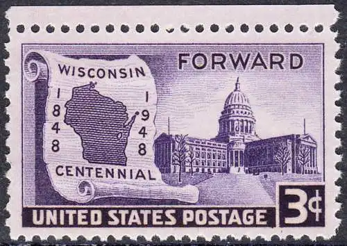 USA Michel 0569 / Scott 0957 postfrisch EINZELMARKE RAND oben (a2) - 100 Jahre Staat Wisconsin: Landkarte von Wisconsin, Regierungsgebäude in Madison
