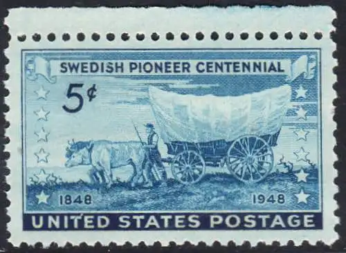 USA Michel 0570 / Scott 0958 postfrisch EINZELMARKE RAND oben (a2) - 100. Jahrestag der Besiedelung des Mittelwestens durch die schwedischen Siedler: Schwedischer Pionier mit Planwagen