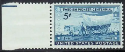 USA Michel 0570 / Scott 0958 postfrisch EINZELMARKE RAND links - 100. Jahrestag der Besiedelung des Mittelwestens durch die schwedischen Siedler: Schwedischer Pionier mit Planwagen
