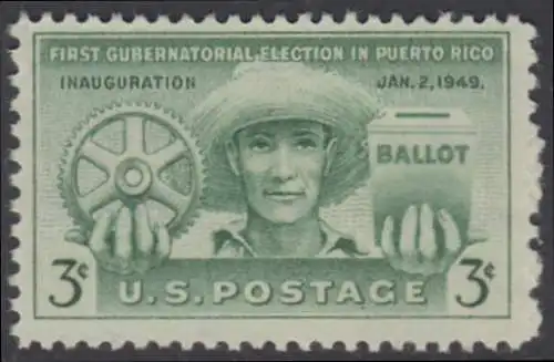 USA Michel 0596 / Scott 0983 postfrisch EINZELMARKE (a2) - Erste Regierungswahlen in Puerto Rico; Puertorikanischer Bauer mit Zahnrad und Wahlurne