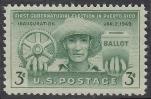 USA Michel 0596 / Scott 0983 postfrisch EINZELMARKE (a3) - Erste Regierungswahlen in Puerto Rico; Puertorikanischer Bauer mit Zahnrad und Wahlurne