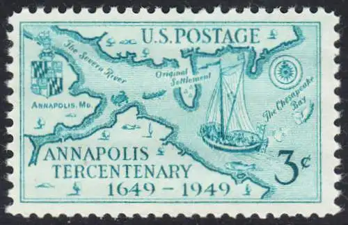 USA Michel 0598 / Scott 0984 postfrisch EINZELMARKE (a2) - 300. Jahrestag der Gründung von Annapolis, MD; James Stodderts Landkarte mit der Mündung des Severn von 1718