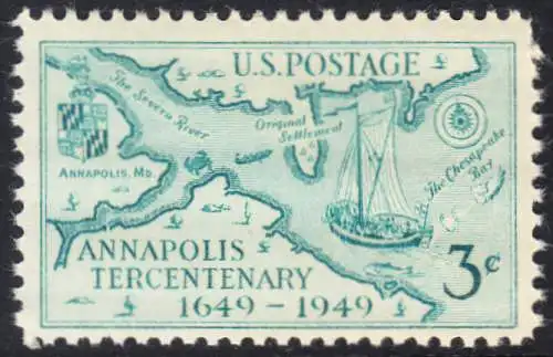 USA Michel 0598 / Scott 0984 postfrisch EINZELMARKE (a3) - 300. Jahrestag der Gründung von Annapolis, MD; James Stodderts Landkarte mit der Mündung des Severn von 1718