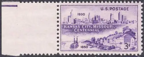 USA Michel 0612 / Scott 0994 postfrisch EINZELMARKE RAND links - 100 Jahre Stadt Kansas City, MO: Westport-Landung (1850), Stadtsilhouette (1950) 