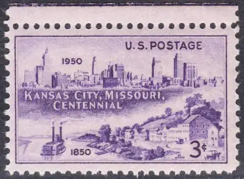 USA Michel 0612 / Scott 0994 postfrisch EINZELMARKE RAND oben - 100 Jahre Stadt Kansas City, MO: Westport-Landung (1850), Stadtsilhouette (1950) 